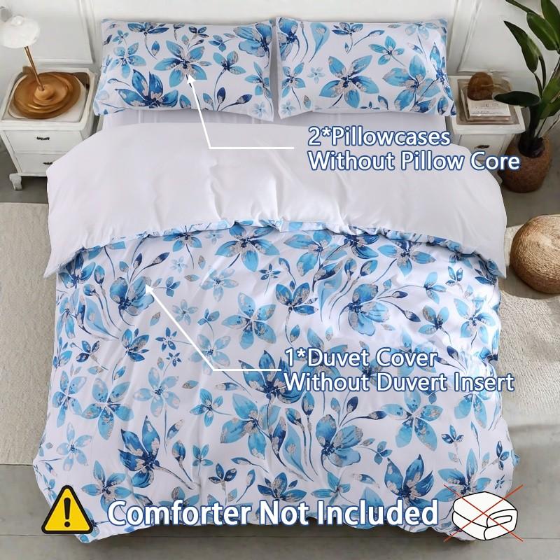 Elegant Blue Floral Print 3-Piece Duvet Cover Set, Includes 1 Duvet Cover + 2 Pillowcases (Without Insert), Elegant & Soft, Machine Washable for Easy Care