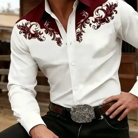 Men's Western Style Shirt, Long Sleeve Collared Fitted Top, Jeans Performance Wear, Casual Fashion Outerwear, Spring & Fall