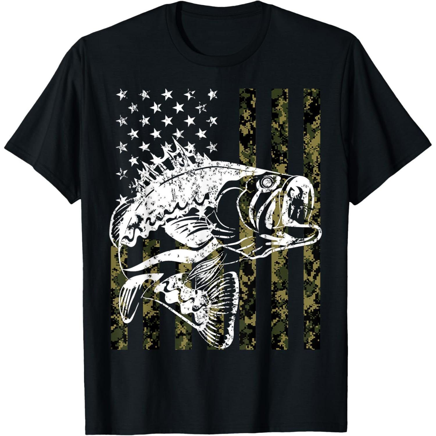 Cotton Short Sleeve Fishing, Camouflage American Flag Fish, Bass Fish Fisherman T-Shirt For Men Women