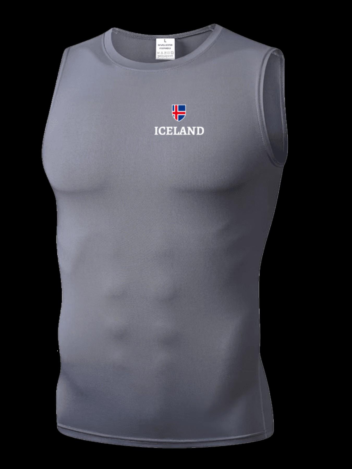 Men's Short Sleeve Sporty Top, Quick-Dry Breathable Knit Fabric, Iceland Print, Ideal for Gym, Running, Boxing, Outdoor Activities