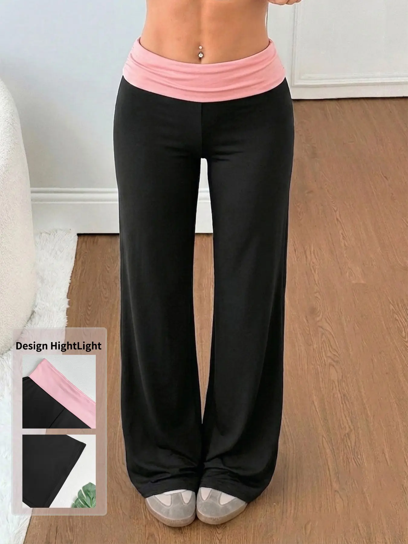 Women's Fold-Over Waist Slightly Flared Yoga Pants with Color-Blocked Waistband Soft Elastic Slim Fit Long Pants for Casual Home Workout