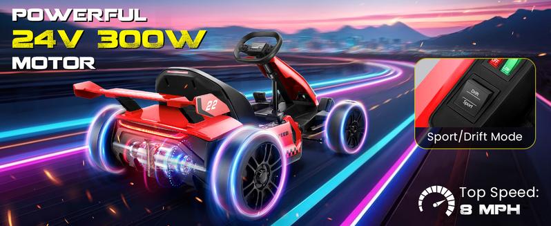 Hikole Go Kart Electric Drift Kart Car, 24V Crazy Go Cart for Kids with Adjustable Seat, 3 Speed Mode, Fast 300W Motor, 8.5 MPH, Ride on Toys for Kids 6-12 Years Old volume control eva wheel