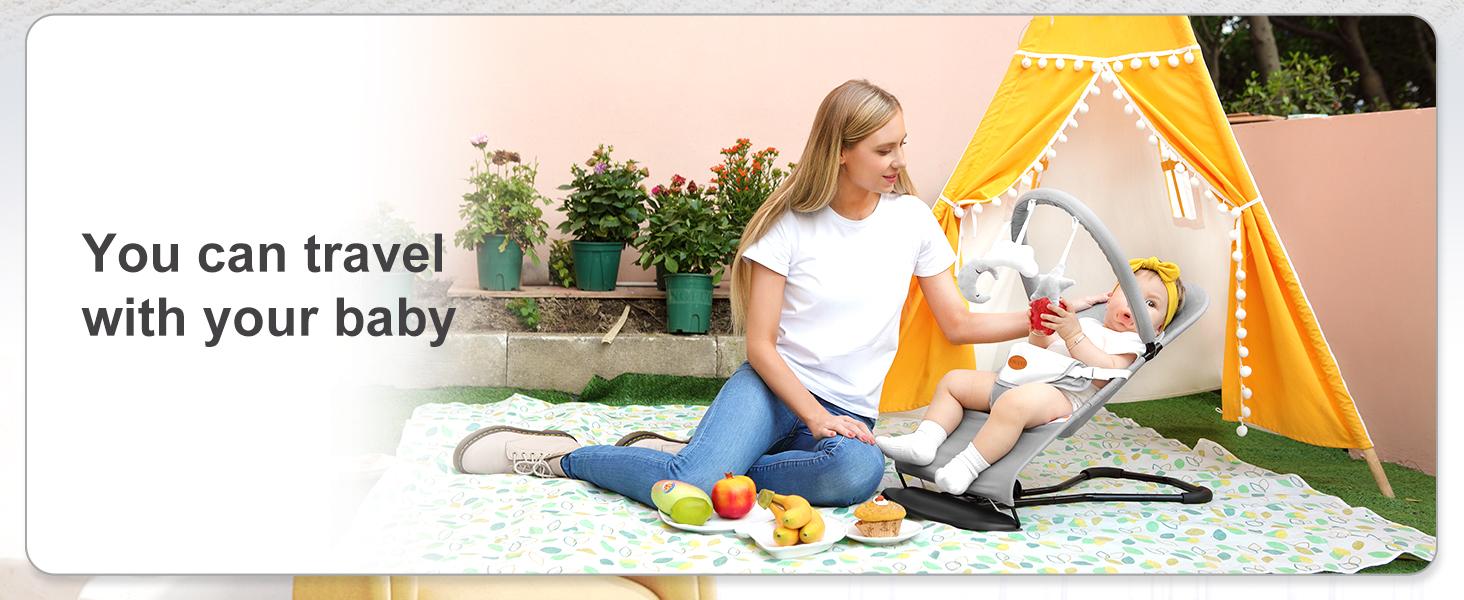 Baby Bouncer, Portable Baby Bouncer Seat for Babies 4-18 Months, 100% Cotton Fabrics, 3 Modes of use with Rocker and Stationary Options, Infant Rocker Chair with Hanging Toys-Light Grey Swing Set Swing Trainer