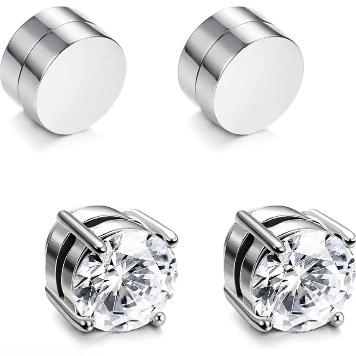 Stainless Steel Stud Earrings 2 Pairs 6MM for Men Women Non Piercing Clip on CZ Earrings`