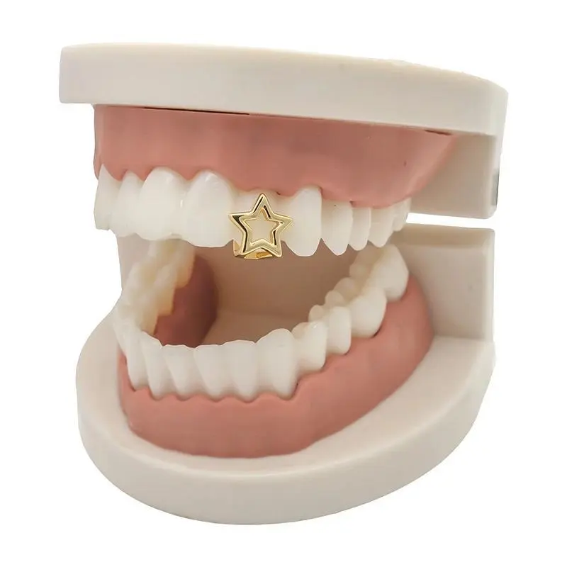 Hollow Star Teeth Grillz Hip Hop Gold Silver Color Pentagrams Tooth Caps For Women Men Jewelry Party Gift
