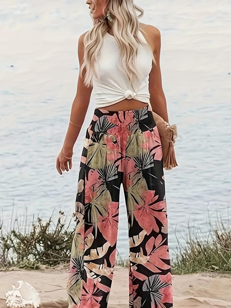 Women's Patchwork Print Elastic Waist Wide Leg Pants, Boho Casual Trousers for Beach Vacation Holiday, Ladies Bottoms for All Seasons