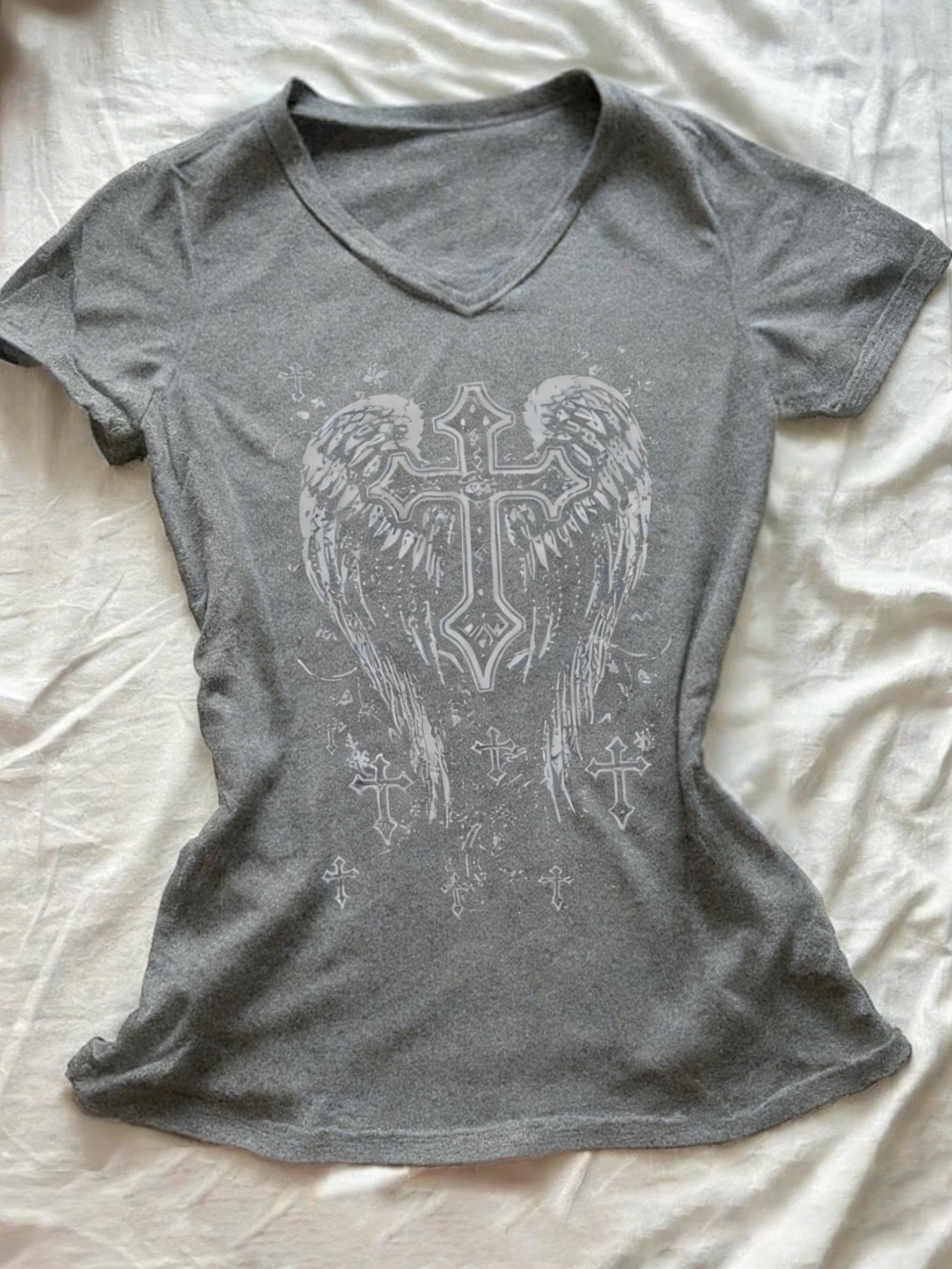 Viral Dark Gothic Winged Cross Graphic V-Neck T-Shirt | Stretchy