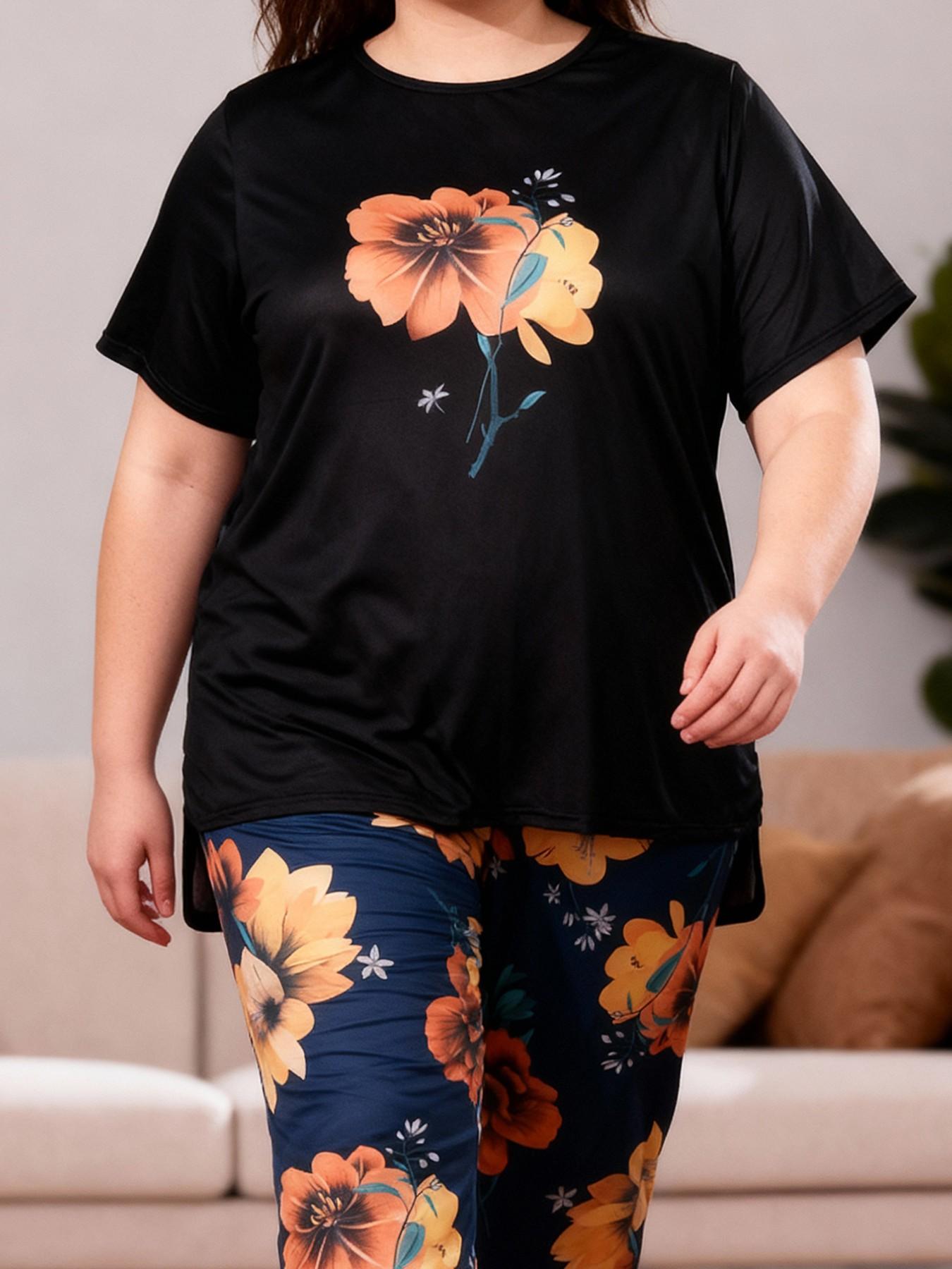 Women's Plus Size 2-Piece Pajama Set Loungewear, Loose-Fitting Short Sleeve Long Pants, All over Print, Casual Home Wear, All Seasons