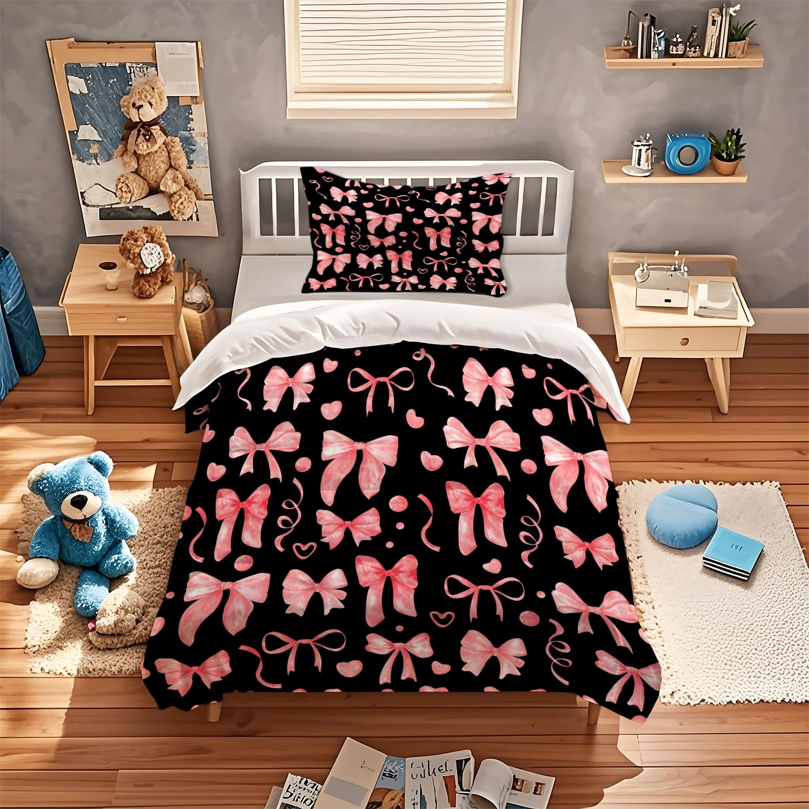 2/3 Pcs Coquette Pink Bow Print Duvet Cover Set, Cute Y2K Aesthetic Bedding Set, Vibrant Digital Print, Soft Microfiber with Zipper Closure, Ideal for Bedroom, Dorm, Girly Room Decor All Year Round - No Filling