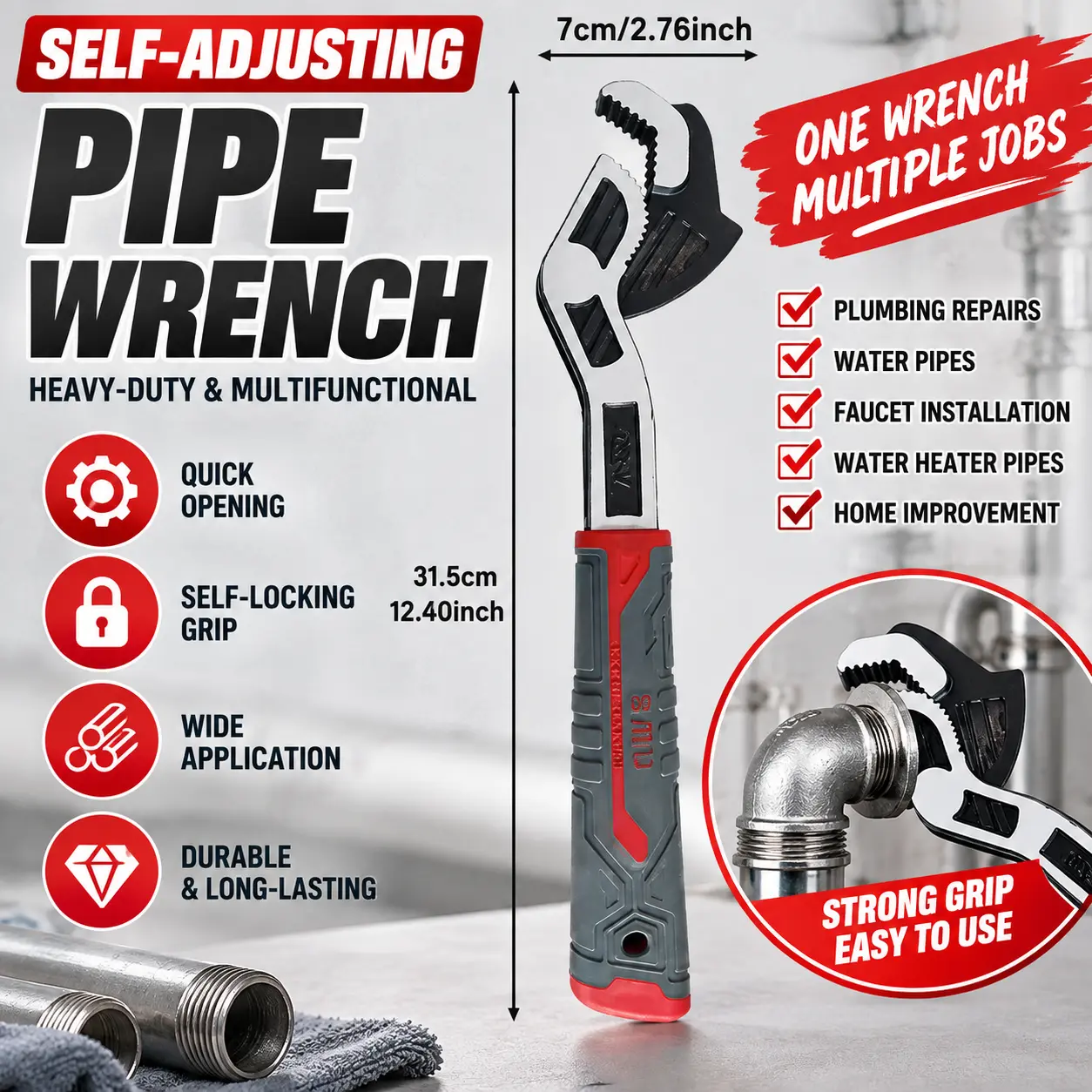 Heavy-Duty Self-Adjusting Pipe Wrench Set, Multifunctional Quick-Opening Plumbing Spanner with Self-Locking Grip Design, 6/8/10/12 Inch Multi-Size Options, Versatile Adjustable Wrench for Water Pipe Fittings, Sink Repairs, Bathroom Plumbing, Heating Syste