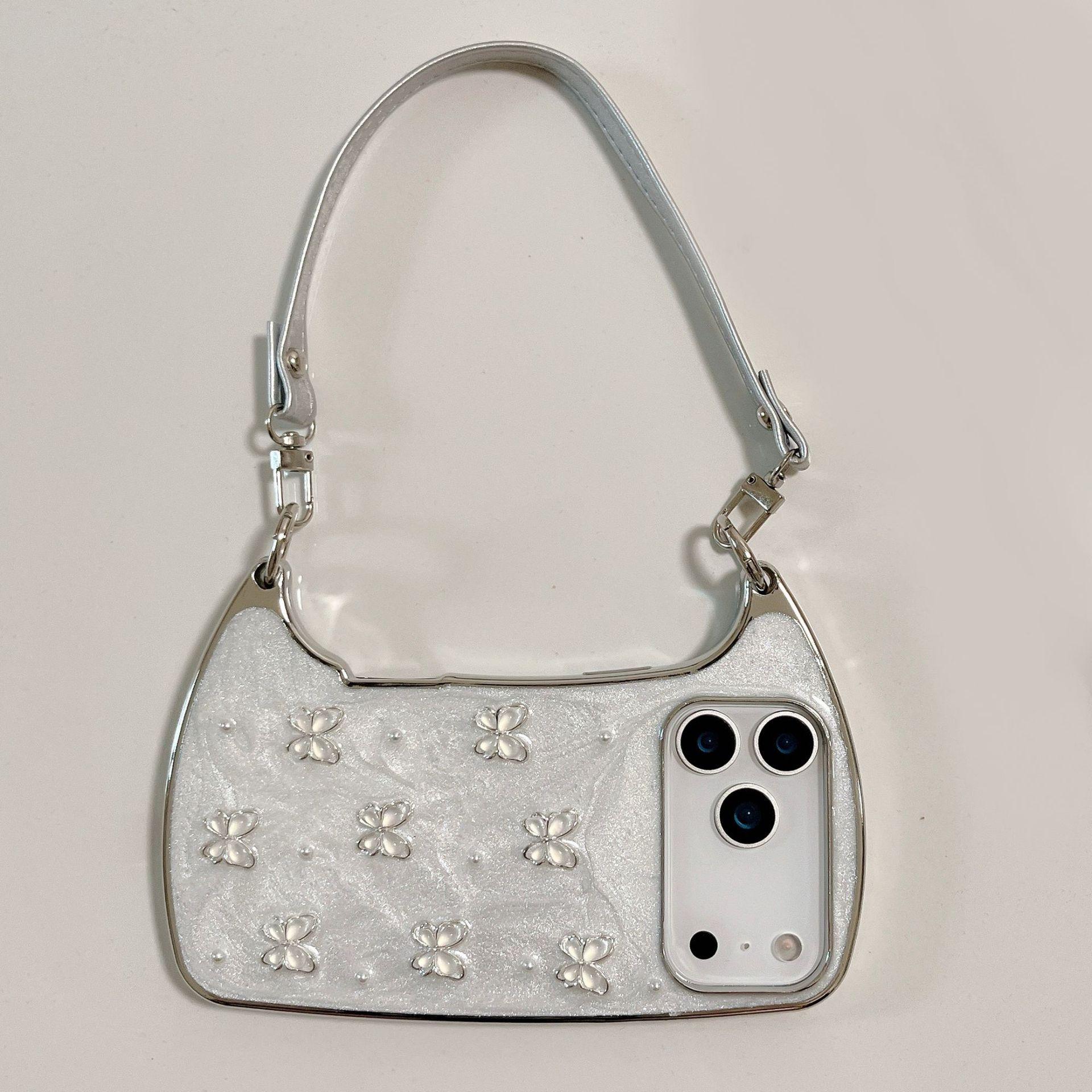 (Case & Nova) Luxury Drip Glaze Mini Handbag-Shape Chrome Case, Electroplated Frame, Pearl Butterfly Decor, Detachable Strap/Wrist Strap, Anti-Drop Shockproof Slim Hard Cover for iPhone 17 Pro Max,16,15,14,13,12,11 Cute Mobile Phone Accessory, Silicone Sh