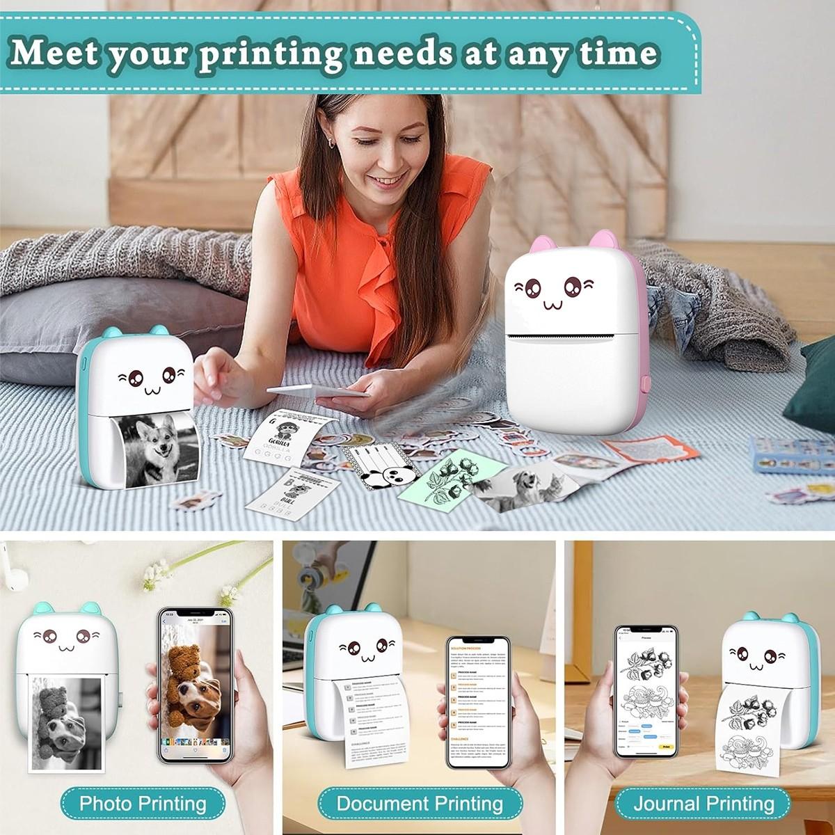 Wireless Mini Printer, Thermal Inkless Sticker Maker, Includes 6 Rolls of Paper, Ideal for Notes, Photos, Lists, School, Office, Home DIY Gifts