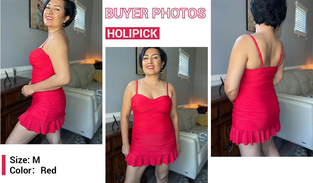 Holipick Women's Tummy Control One Piece Swim Dress Strapless Swimsuit Bandeau Skirted Bathing Suits