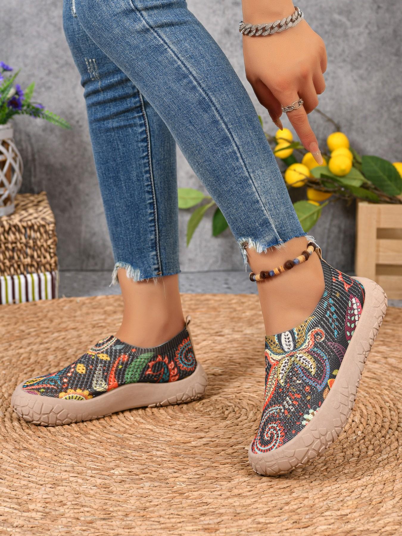 Women's Ethnic Print Slip-On Casual Shoes, Cut Out Mesh Breathable Summer Footwear, Round Toe Thick Sole, Boho Style Comfortable Daily Wear, Summer Boho Shoes