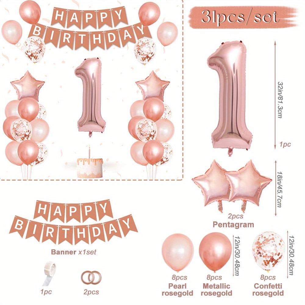 31 piece pink balloon set with "Happy Birthday" banner - perfect for birthday parties, baby showers, and family celebrations, including digital, star, and colored paper balloons, birthday party decorations