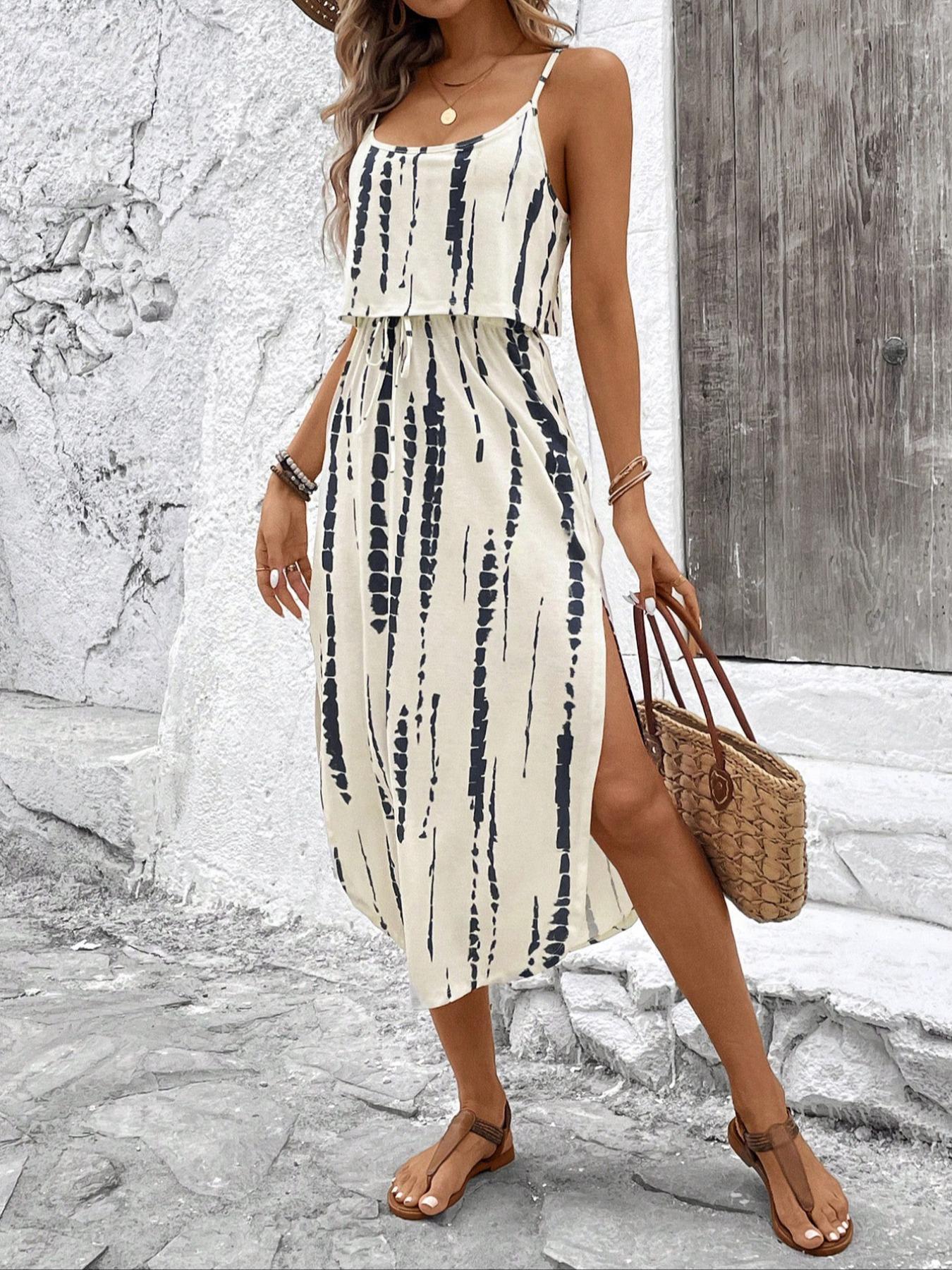 Women's Summer Tie-Dye Sleeveless Dress, Split Thigh Fitted Long Dress, Casual Vacation, Multicolor Floral Print