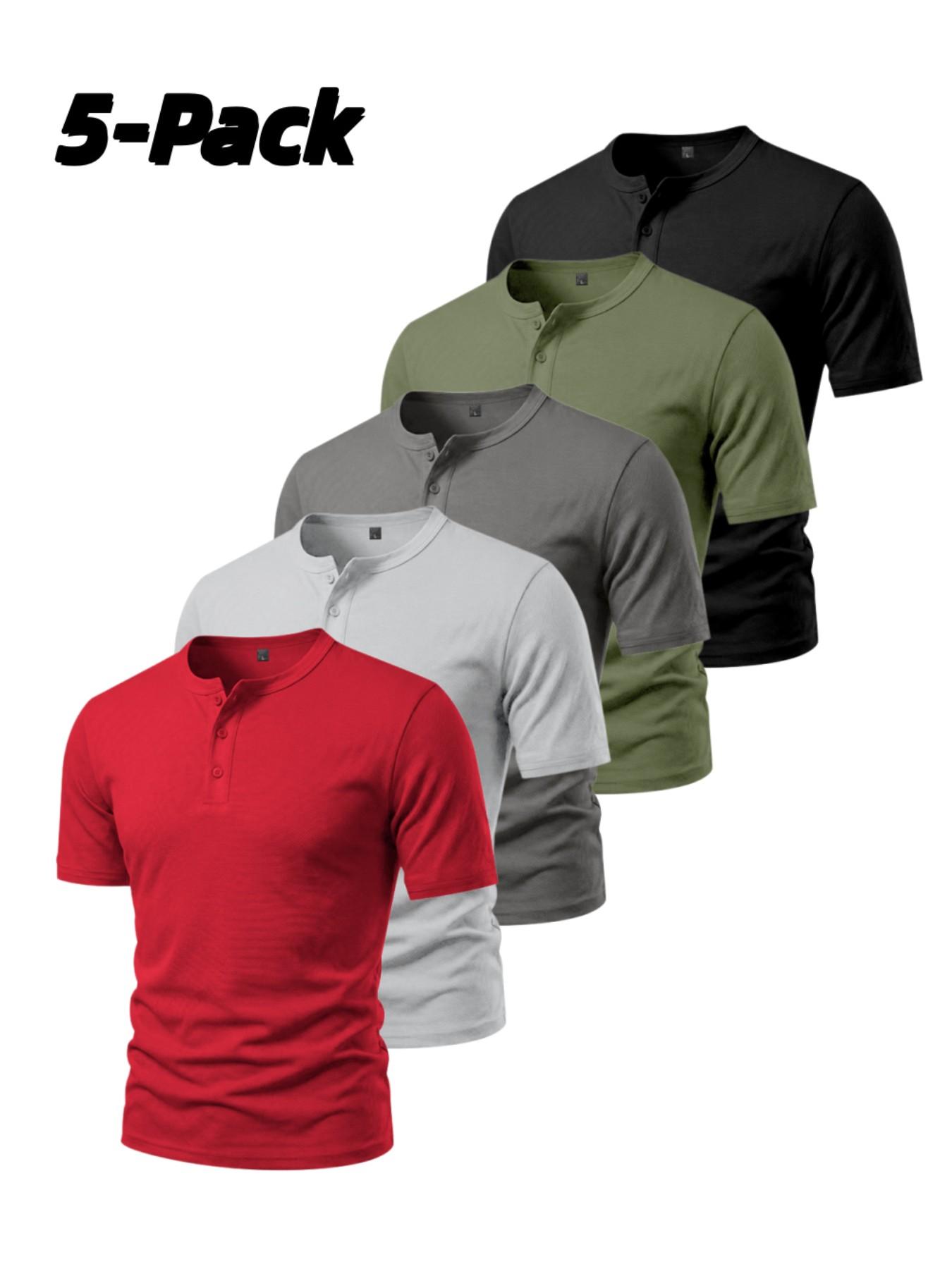 Men's 5-Pack Three-Button Mesh Short Sleeve Henley T-Shirts, Athletic Apparel, Summer Breathable Solid Color Casual Sports Tops, Comfortable Basic Top, Fitness T Shirt