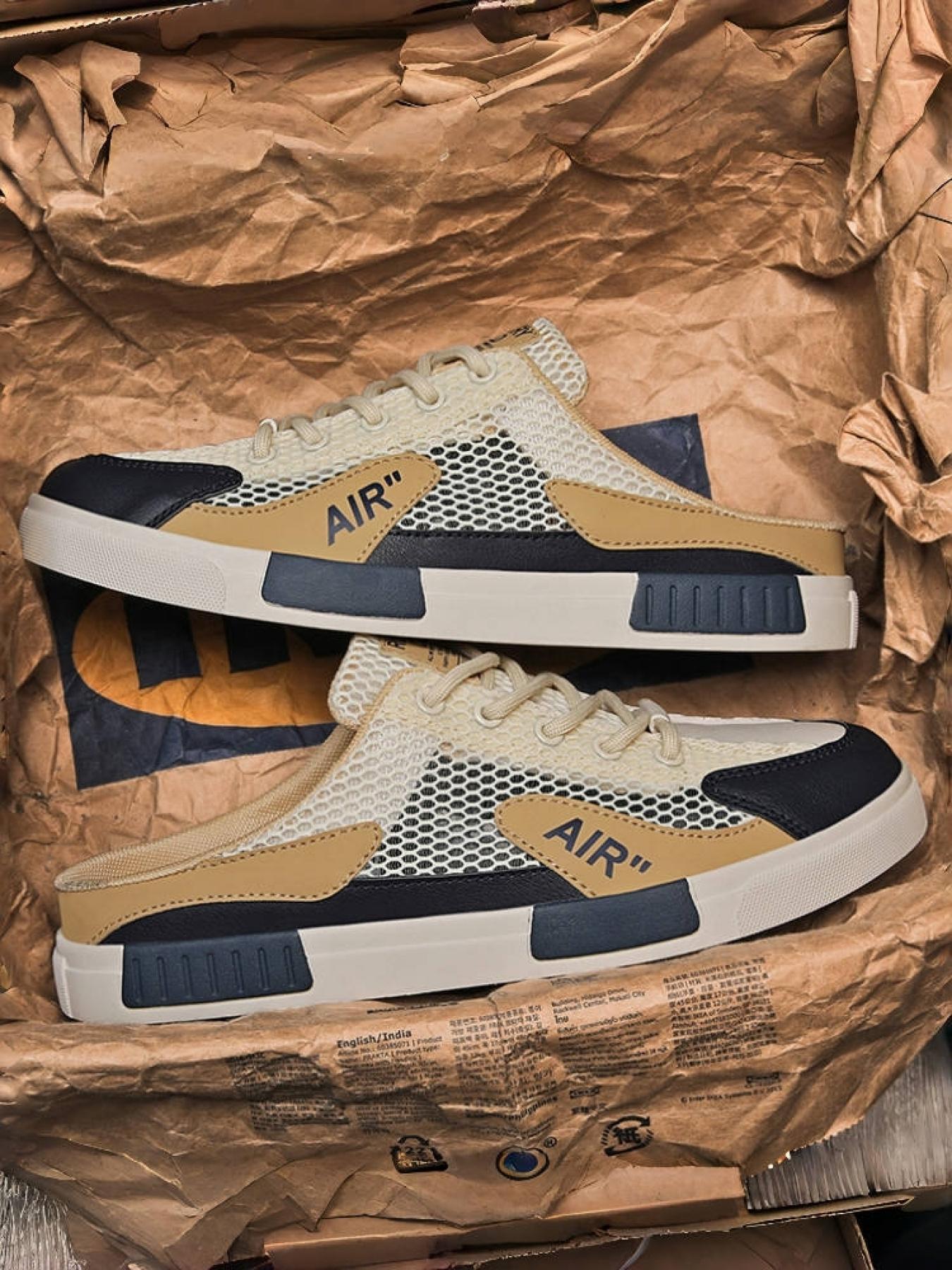 1 Pair Men's Large Size Trendy Color-Block Mule Slippers, Breathable Hollow Mesh Fabric, Anti-Slip Texture, Convenient Laces, Slip-On Casual Shoes for Students