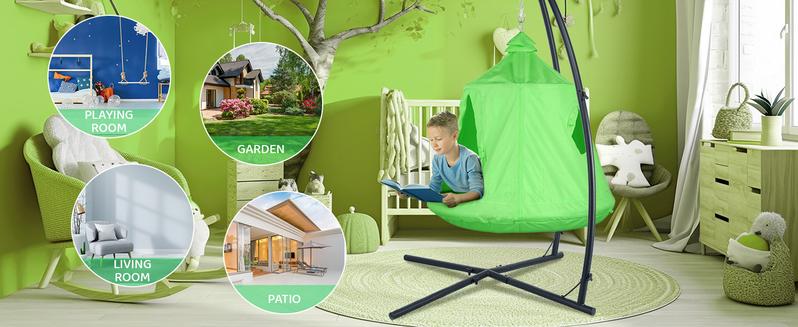 X-Shaped Hanging Tree Tent with Swing Chair, Metal Hanging Hammock with LED Lights, 330 LBS Weight Capacity, Adjustable Solid Stand, Kids Play House