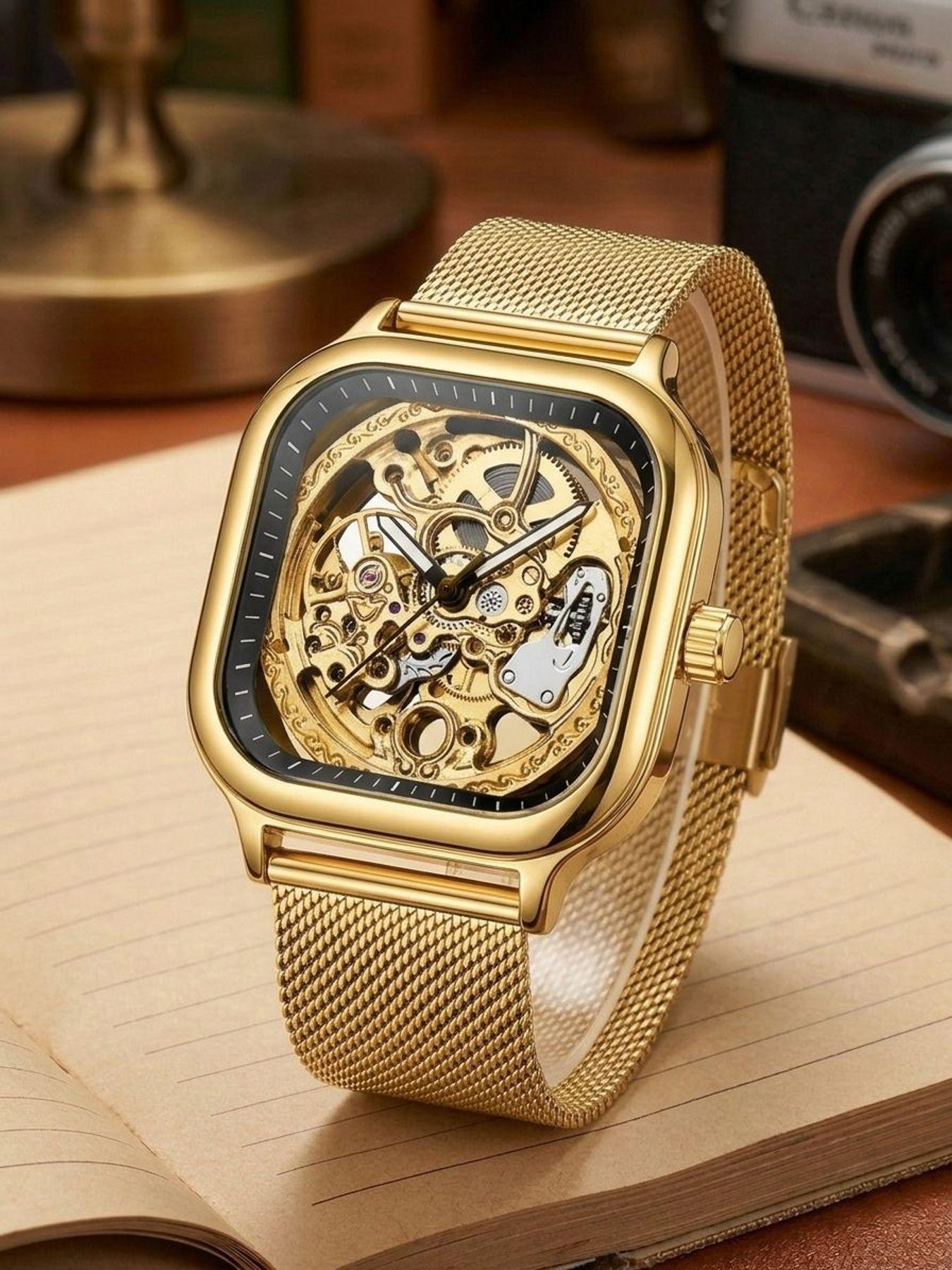 A men's open-work and see-through all-gold square case. Gold engraved movement. Business-style, luxury, trendy and personalized new model. Fully automatic mechanical wristwatch