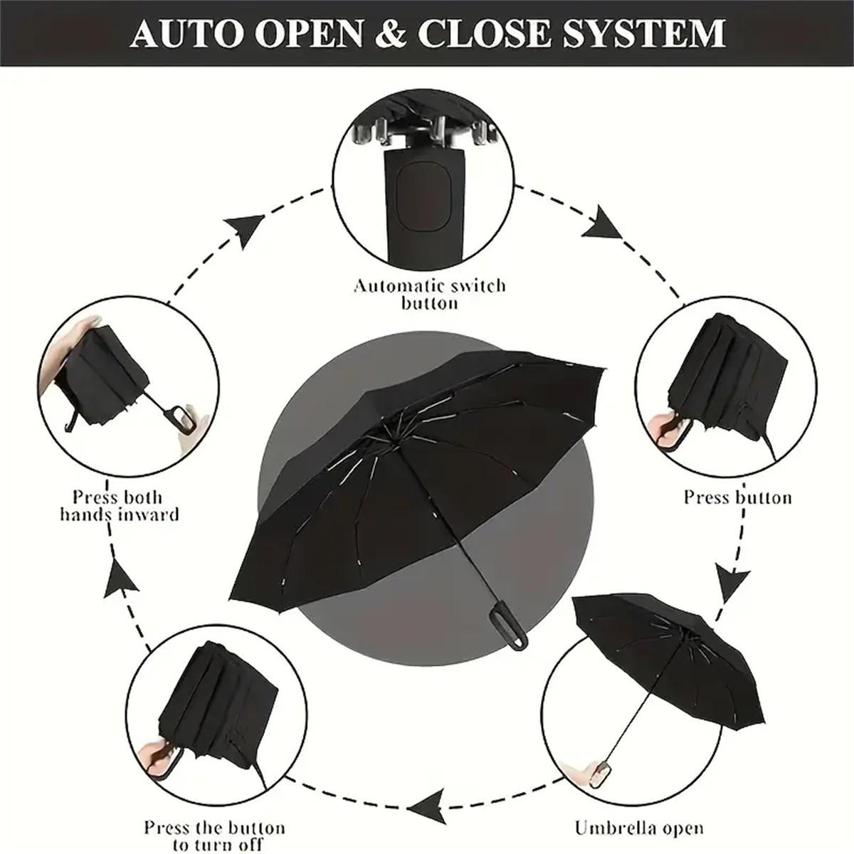 Automatic Folding Wind Resistant Rainproof Umbrella for Rainy Days & Sunny Weather, Lightweight, Compact, Durable Design with 10 Ribs, Windproof, Waterproof, Ideal Outdoor Use, Portable Storage