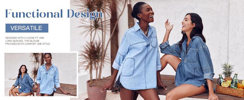 FMEYOA S~2XL Womenswear FallFreshness Denim Pullover Casual Comfort Button V Neck Blouse Loose Fit Tops Longsleeves Jean Jacket With Pocket