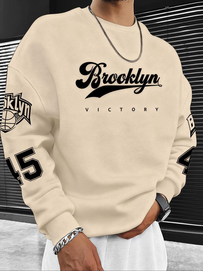 Men's Hot Selling Letter Number Print Fleece Pullover Sweatshirt, Casual Fall & Winter Round Neck Top, Thick Fabric, Fitted Style