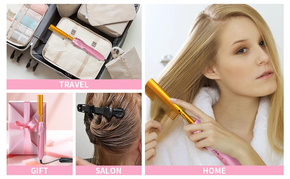 19 counts Pink Electric Hot Comb Hair Straightener Hot Comb Electric for Wigs Electrical Straightening Comb Curling Iron Smooth Adjustable Salon Brush