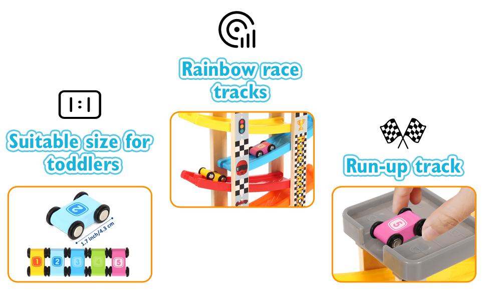 EDUTREE Toddler Toys Wooden Car Ramp Racer Toy Vehicle Set with 7 Tracks Mini Cars Race Tracks Montessori Inspired Gift for Boys Girls Play Playset Tricycle