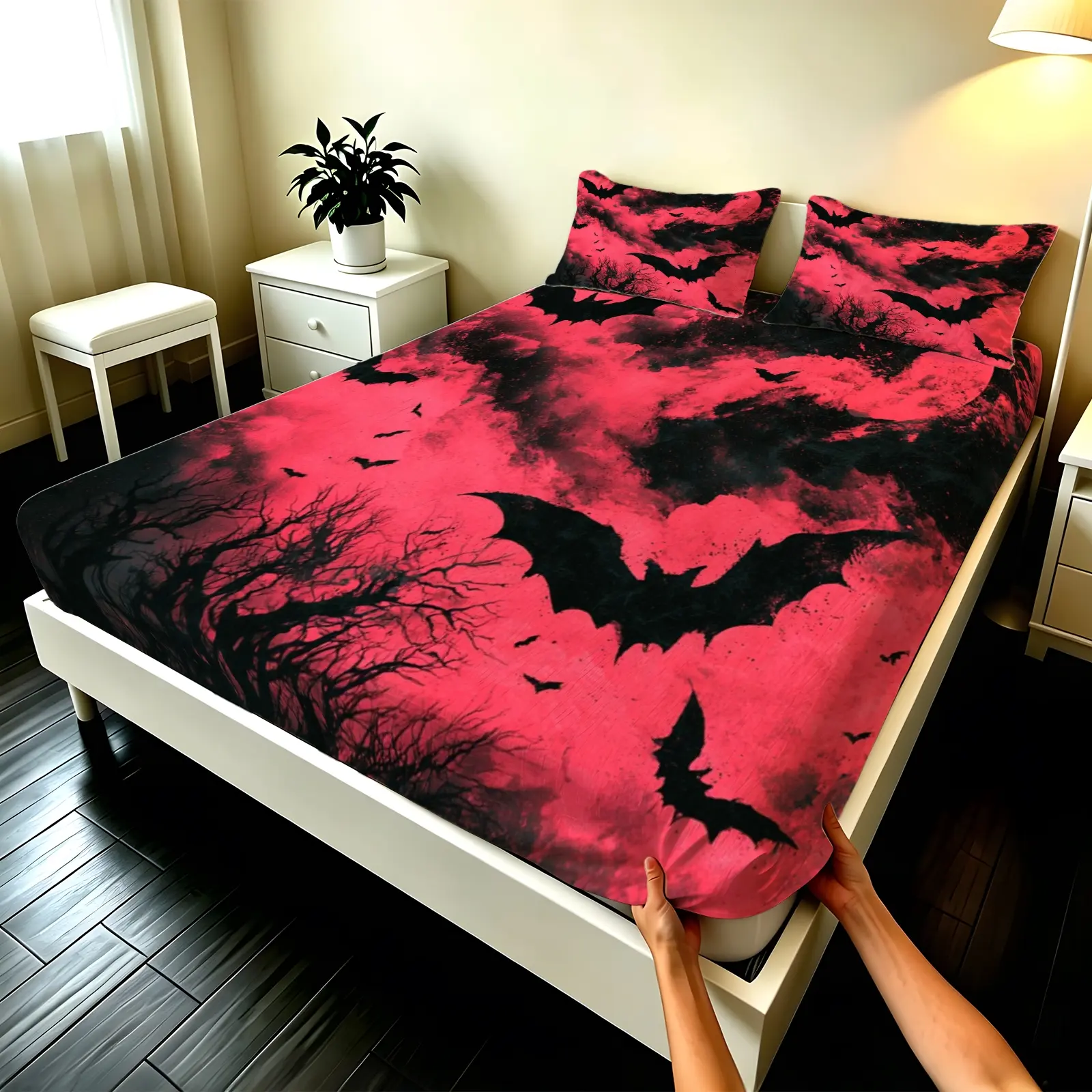3pcs Fitted sheet Halloween Red Black Bat Spooky Tree Print Soft Microfiber Bedding Set Wrinkle Resistant Fade Proof Breathable Comfortable for Bedroom Hotel Home Twin Full Queen King Size Breathable Sheets Set