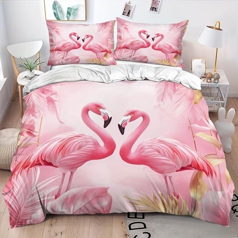 Creative Flamingo Pattern Polyester Bedding Set, Soft Comfortable Home Decor, Includes Duvet Cover and Pillowcases, All Seasons