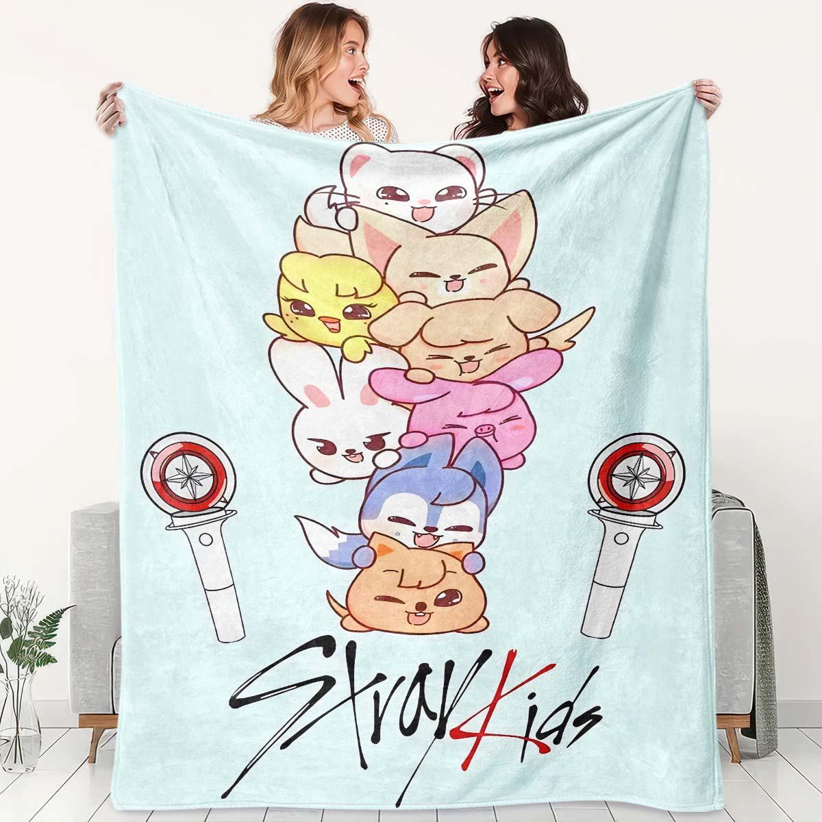 Stray Kids Flannel Blanket, Cute Animal Print, Support Light Element, Soft Healing Throw, Perfect for Fan Bedroom, Sofa, Collectible Gift