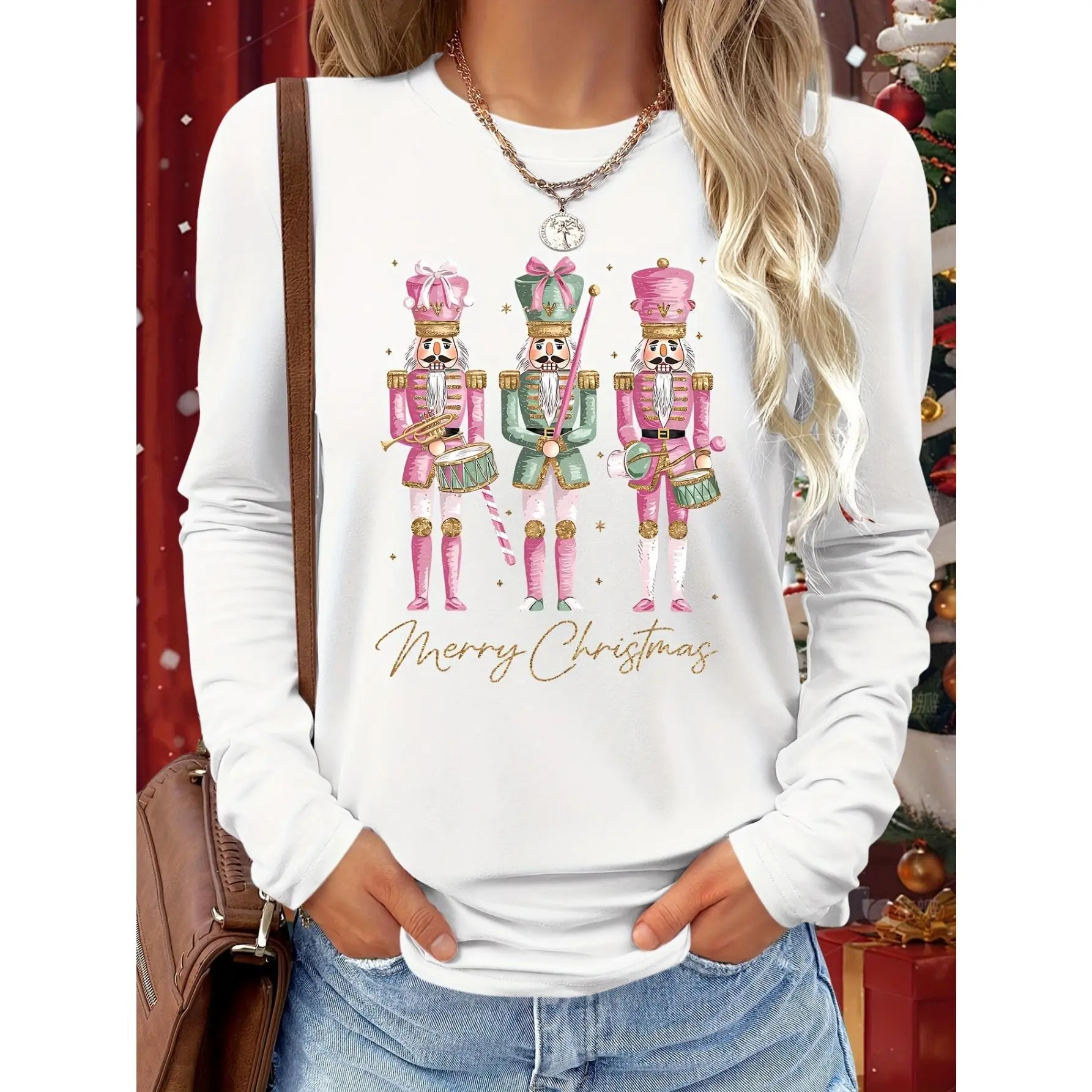Nutcracker Print Long Sleeve Top, Soft Elegant Christmas Party Gift Wear