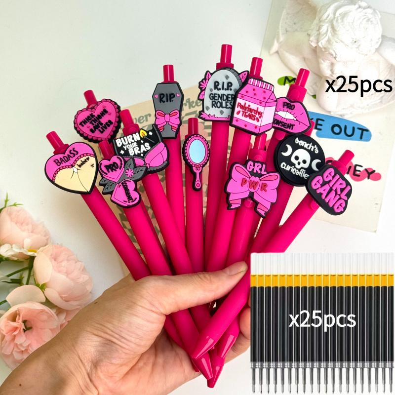 30/50Pcs black and pink contrasting color theme press-action gender-neutral pen, personalized silicone patch design, female power office writing signature ballpoint pen (15/25 pen + 15/25 refill)