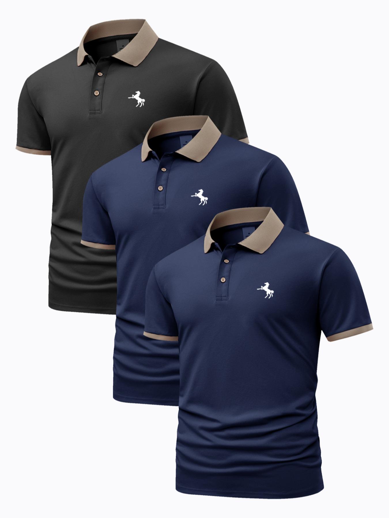 Men's Horse Pattern Polo Shirt, Regular Fit Casual Short Sleeve Button Front Polo Top for Summer, Men's Clothes for Daily Wear, Vacation Clothes, Polo Shirt Set