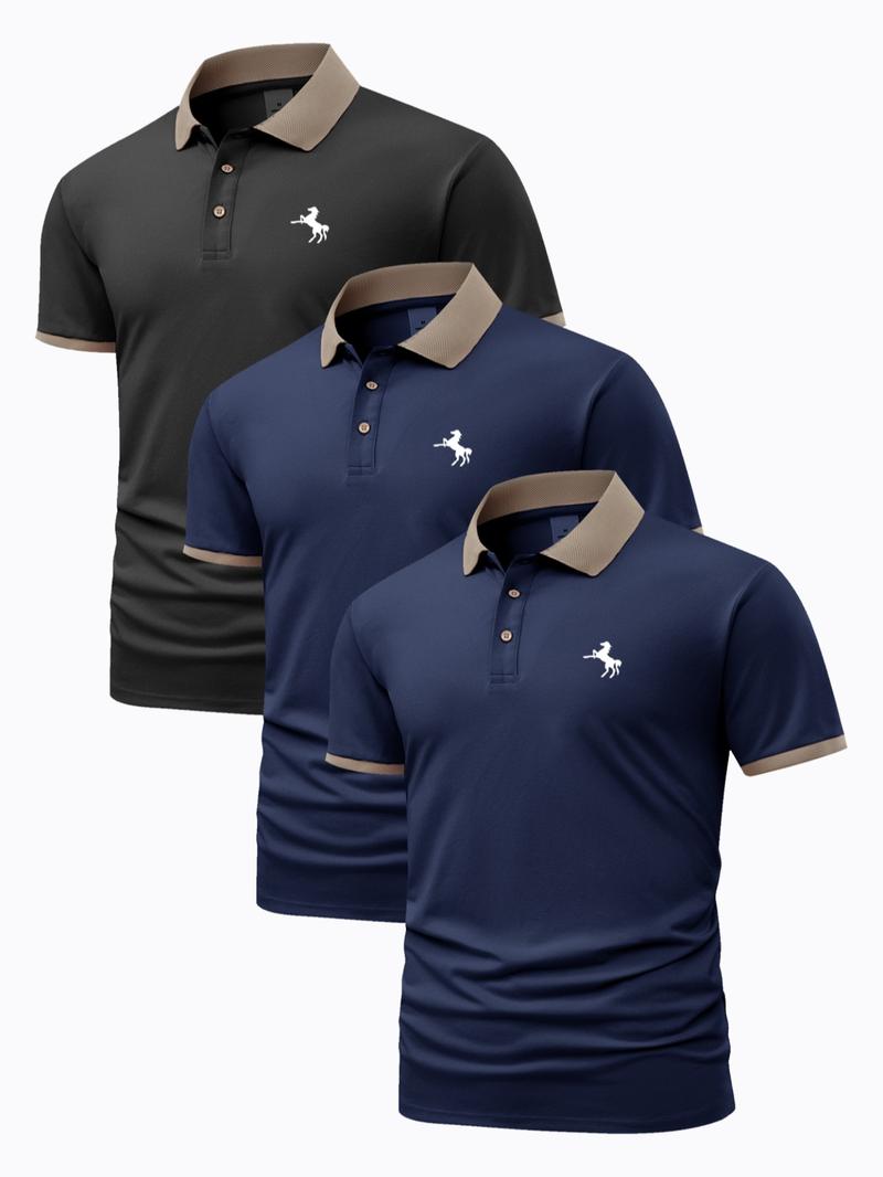 Men's Horse Pattern Polo Shirt, Regular Fit Casual Short Sleeve Button Front Polo Top for Summer, Men's Clothes for Daily Wear, Vacation Clothes, Polo Shirt Set