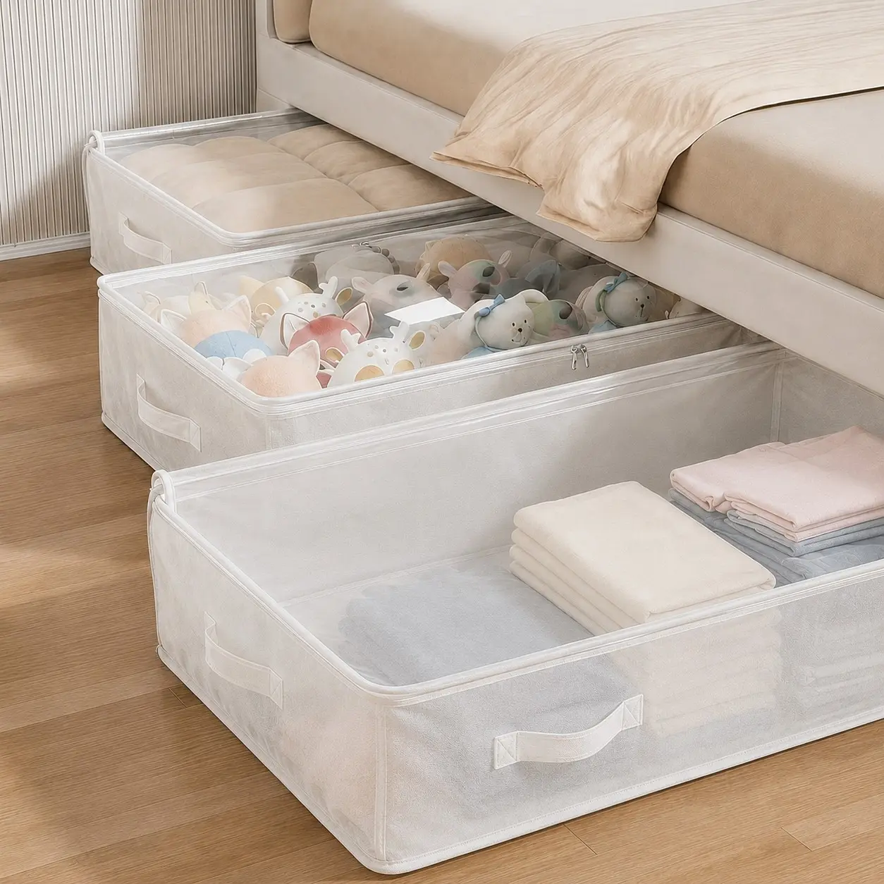 2pcs White Under Bed Wardrobe Storage Boxes and Organizers, Foldable Under Bed Storage Boxes, with Excellent Functions and Multiple Uses, for Blankets, Skirts, Quilts, Pillows, Clothes and Under Bed Storage, Space-Saving, Under Bed Storage