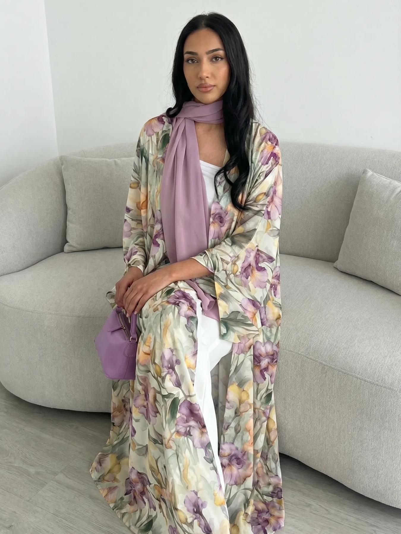 Elegant Floral Abaya Open Front Cardigan Long Robe Set, Perfect for Vacation Parties Gatherings, Includes Headscarf, Fashionable and Beautiful, Watercolor Abaya Set