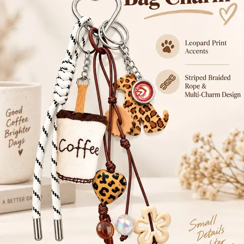 Leopard Print Coffee Rope Bag Pendants, Striped Braided Bag Chain Charms, Multi-Charm Bag Charm Pendants, Vintage Aesthetic Bag Decoration Keychain, Casual Bag Pendant for Tote & Backpack, Perfect for Retro & Coffee-Loving Trendsetters