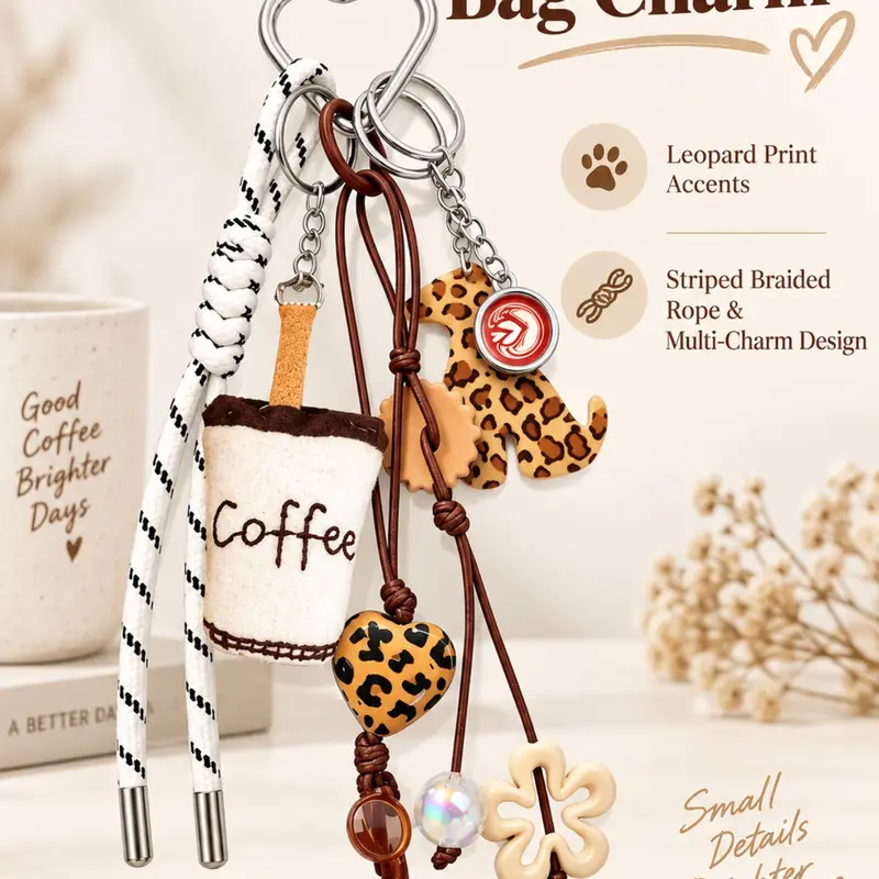 Leopard Print Coffee Rope Bag Pendants, Striped Braided Bag Chain Charms, Multi-Charm Bag Charm Pendants, Vintage Aesthetic Bag Decoration Keychain, Casual Bag Pendant for Tote & Backpack, Perfect for Retro & Coffee-Loving Trendsetters