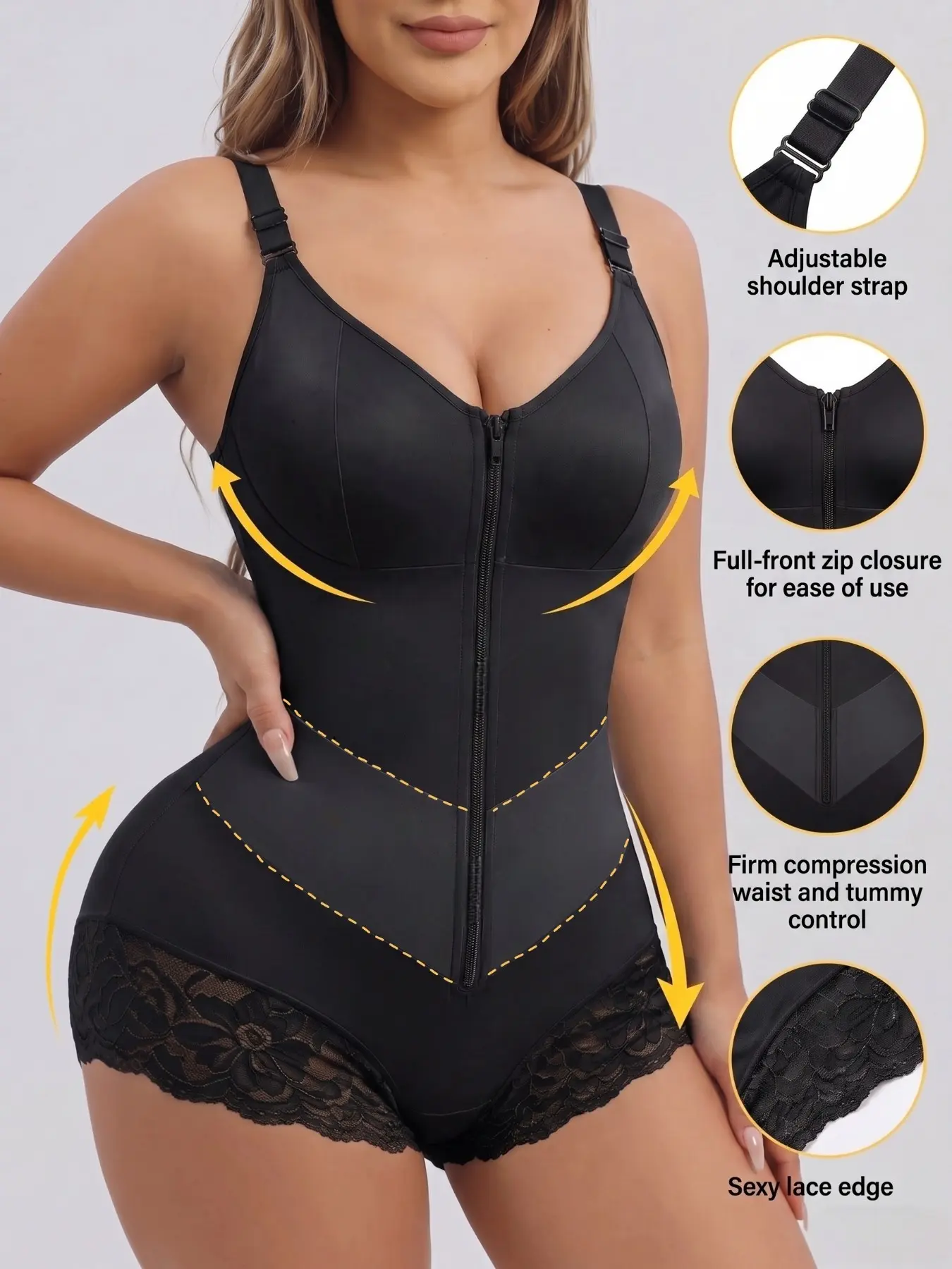 1 Count Women's Adjustable Shoulder Strap Bodysuit, Colombian Shapewear, Fajas, V-Shaper Belt Shapewear Bodysuit, Front Zipper & Inner Hooks Jumpsuit, Butt Lifting And Tummy Control Shapewear, Perfect For All-Day Comfort, Home Relaxation & Daily Errands