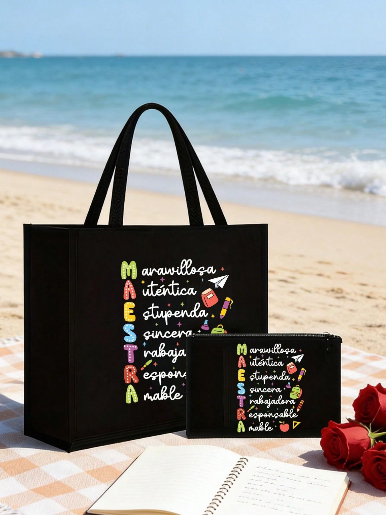 Women Teacher Tote Bag Set, Spanish Teacher Zipper Pouch, Cute Learning Print, Large Capacity Linen Bag, Reusable, Beach, Shopping, Travel, Gift