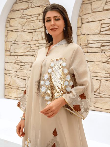 Women's Ethnic Pattern Embroidery Dress, Modest Elegant Long Sleeve Dress for Party Wedding Guest, Ladies Spring Islamic Clothing