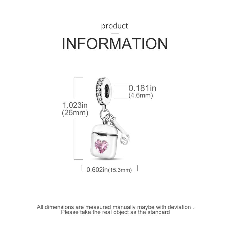 MULA 925 Sterling Silver wireless earbud charm | Heart-shaped pink zircon and enamel details | Music lovers and tech style jewelry | Perfect for Pandora bracelets and necklaces | A stylish gift for the modern woman