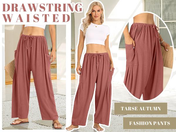 TARSE 2-Piece Womens Linen Wide Leg Pants Summer Casual Loose Fit Beach Palazzo Harem Pants with Pockets