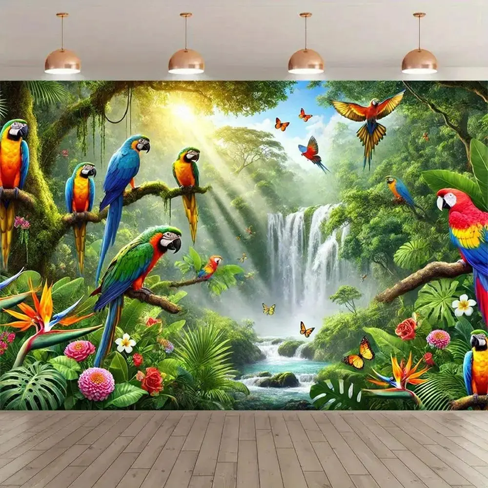 High-Quality Polyester Tropical Rainforest Bird Gathering Tapestry Wall Mural, Durable Decorative Flower Pattern Wall Hanging Tapestry with Waterfall, Lush Foliage for Studio Props, Party Decor Hanging