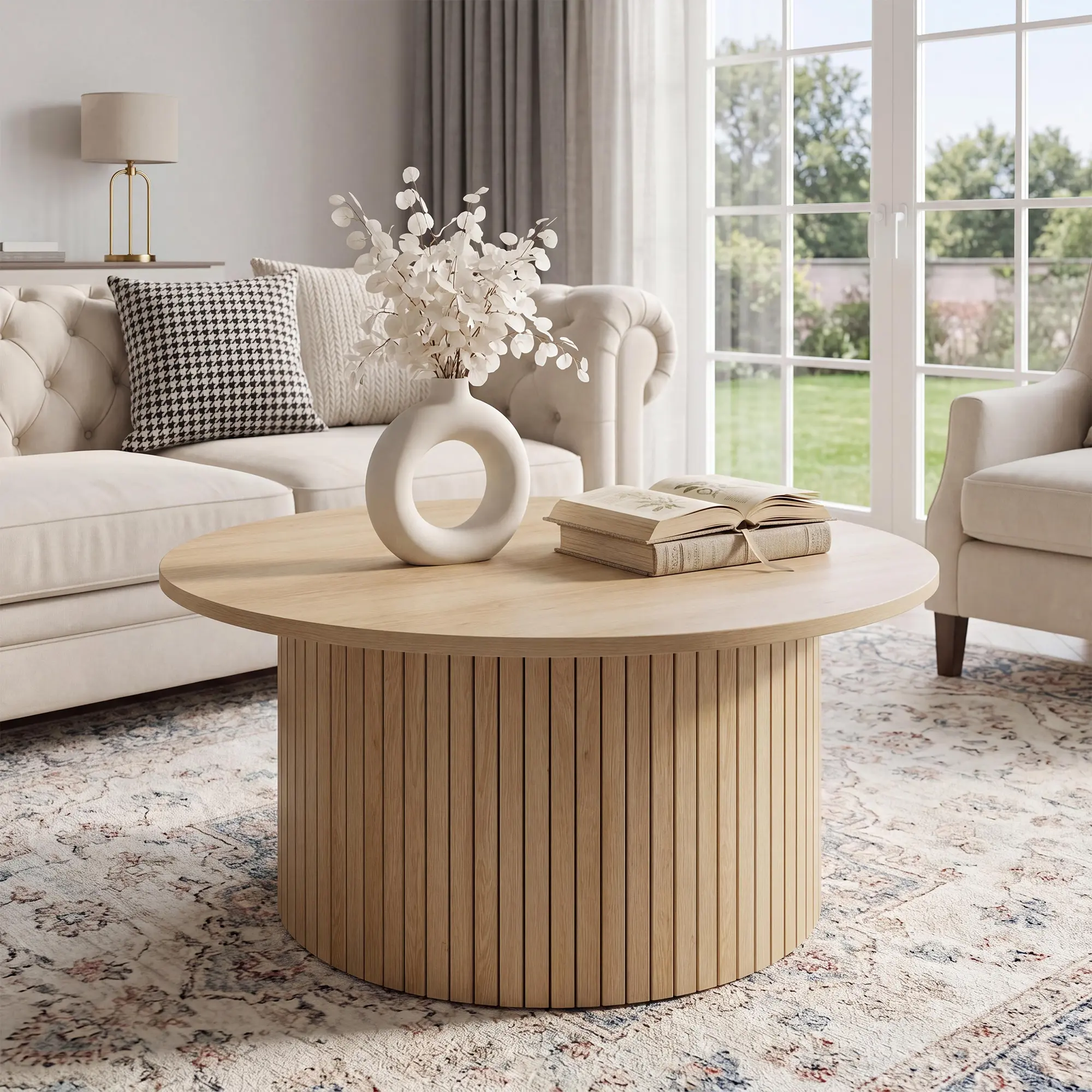 Mid-Century Modern Fluted Drum Coffee Table, 31.5-Inch Round Wood Accent Center Table with Sturdy Metal Frame, Living Room Coffee Table, Modern Coffee Table, Round Coffee Table, Wood Coffee Table, Fluted Coffee Table, Accent Table, Apartment, Small Space