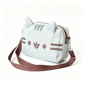 2026 Kawaii Cartoon Cat Canvas Crossbody Bag, Cute Cat Face Shoulder Purse with Adjustable Brown Strap for Women