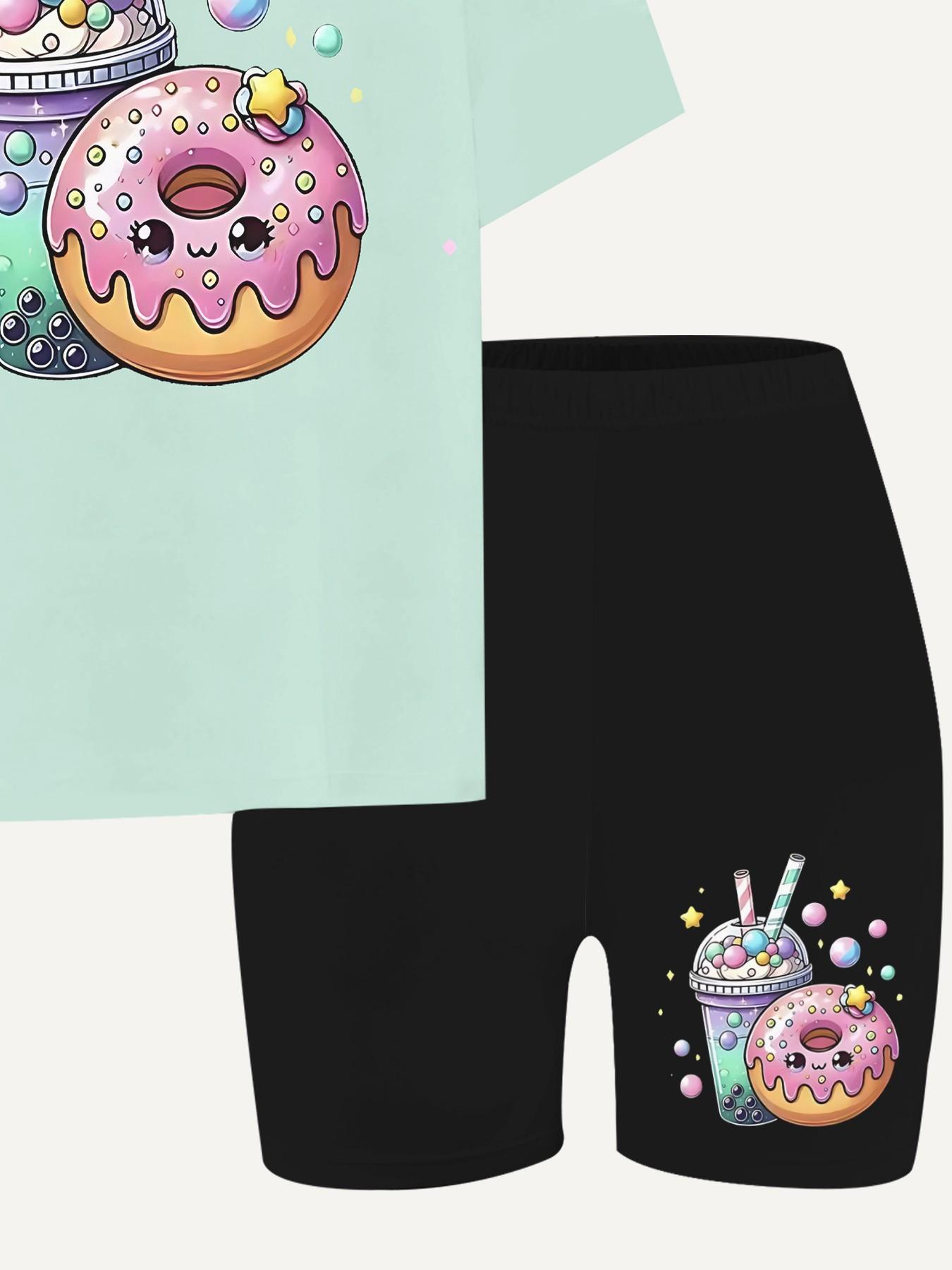 Girls' Cartoon Print Short Sleeve T-Shirt and Pants Set, Casual Streetwear, Comfortable Daily Wear, Perfect Gift for Kids, Outdoor Fashion