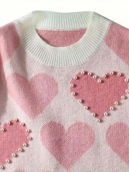 Women's Heart Beaded Sweater Knitwear, Loose Fit Soft Knit Pullover, Elegant Round Neck Jumper for Fall & Winter, Unique Design Casual Wear